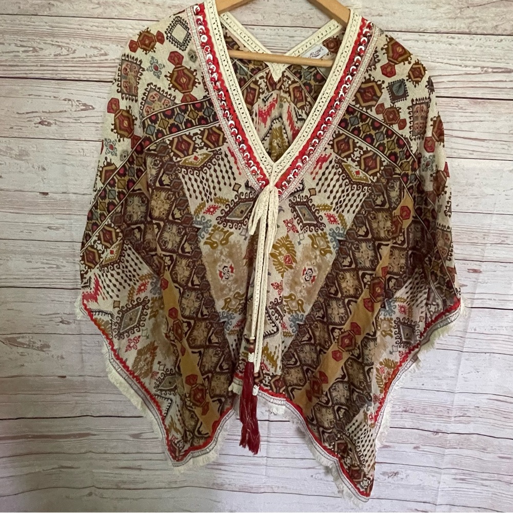 Paths Of The Spirit Tribal Poncho (One Size) Boho Hippie Aztec Fringe Beaded